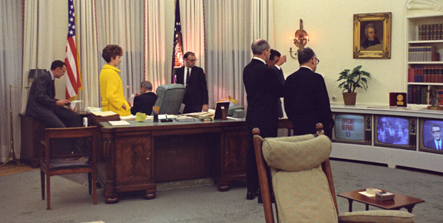 Oval office with televisions on