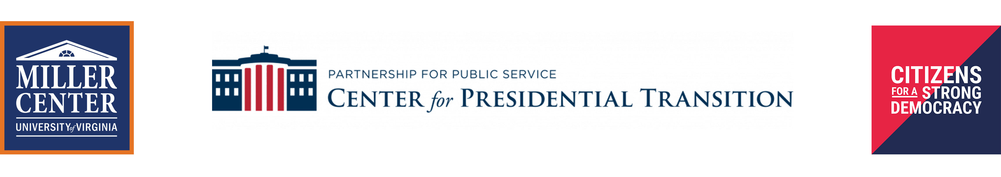 Logos of the Miller Center, the Center for Presidential Transition, and Citizens for a Strong Democracy