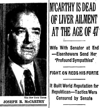 Front page New York Times story on Joe McCarthy's death
