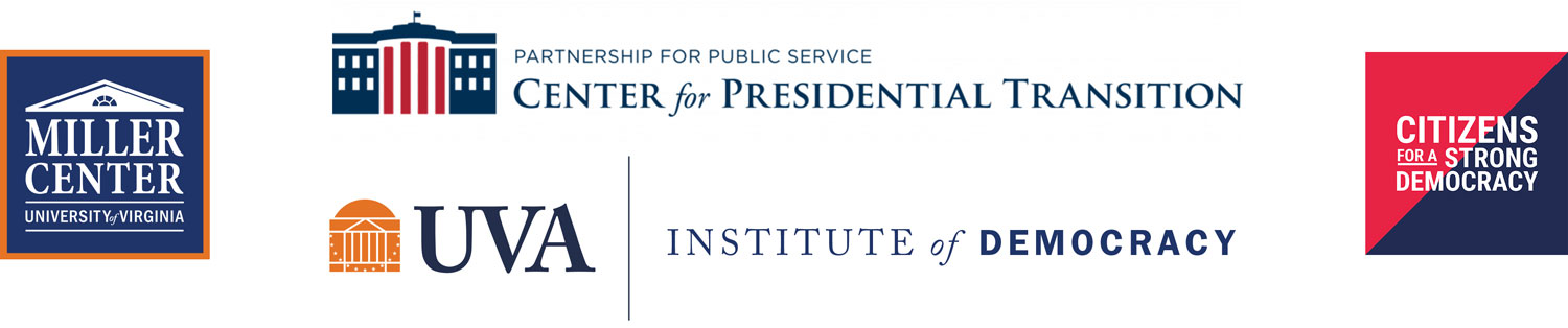 Logos of the Miller Center, the Center for Presidential Transition, and Citizens for a Strong Democracy