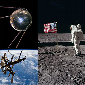 Images of Sputnik and American flag and astronaut walking on moon