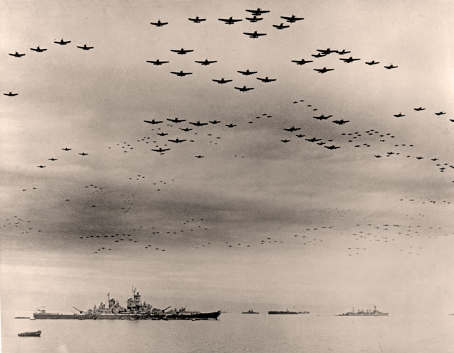 Allied planes fly over the USS Missouri