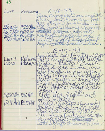 Frank Wills' entries on the 17 June 1972 security log at the Watergate office building