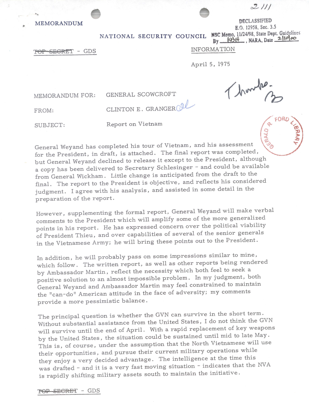 First page of the report on Vietnam memo