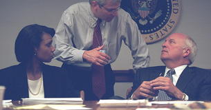 Dick Cheney, Condoleezza Rice, and Joshua Bolten in the PEOC.