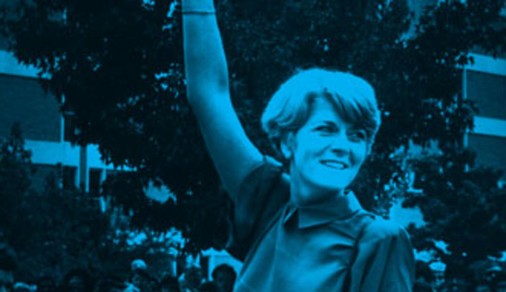 Geraldine Ferraro waving, photo in black and blue