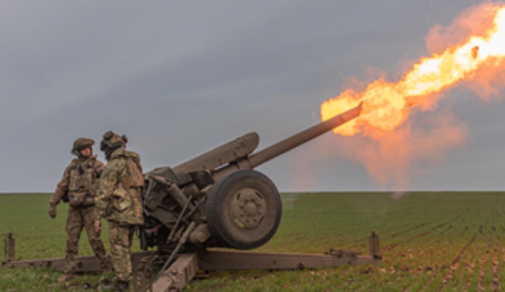 Firing a 122 mm howitzer D-30 in the Donetsk region, Ukraine, March 2023