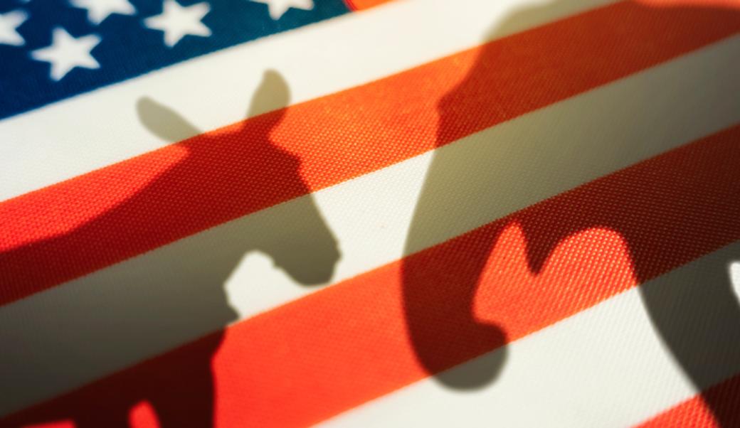 Shadow of Democrat donkey and Republican elephant on American flag