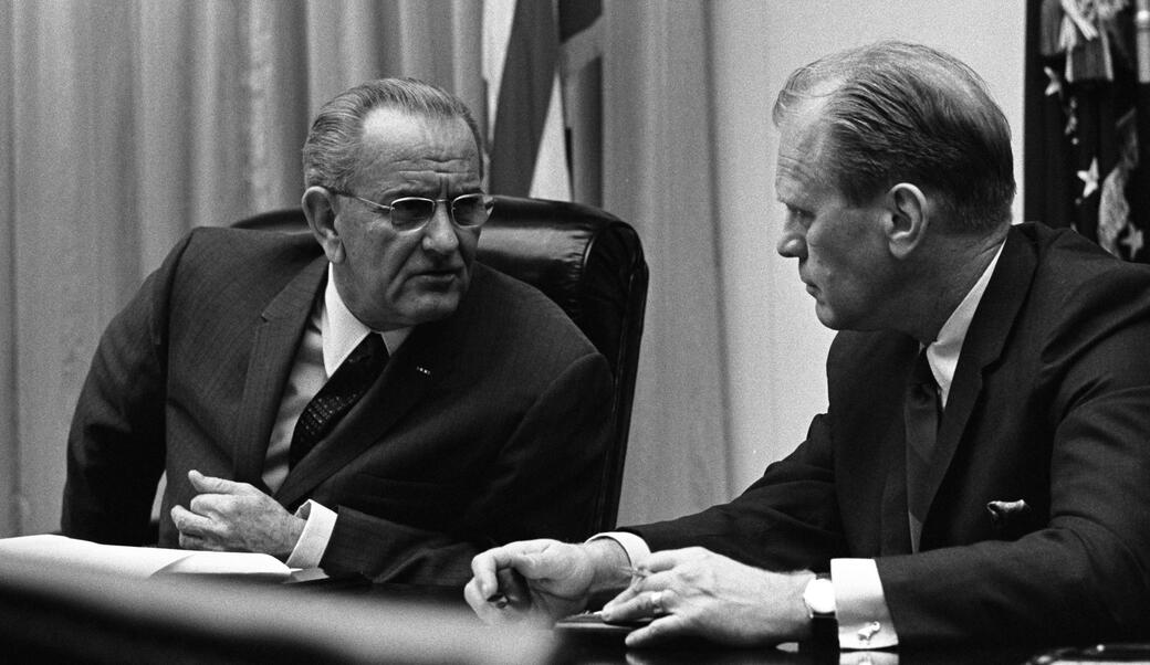 President Johnson talks to Congressman Gerald Ford