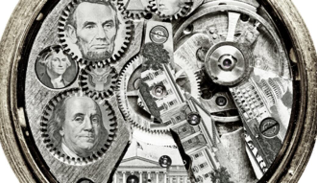 Founding father faces on inner workings of a watch