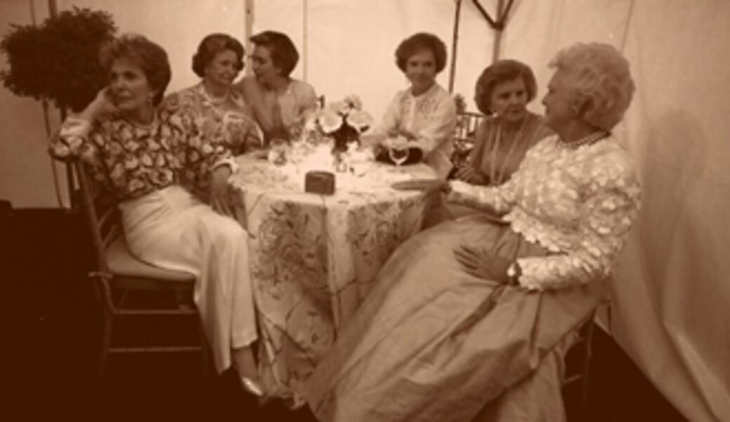 First Ladies Nancy Reagan, Ladybird Johnson, Hillary Rodham Clinton, Rosalyn Carter, Betty Ford, and Barbara Bush sit together on May 11, 1994.