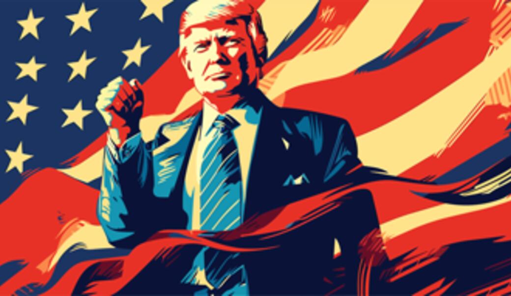 Illustration of Donald Trump in front of an American flag