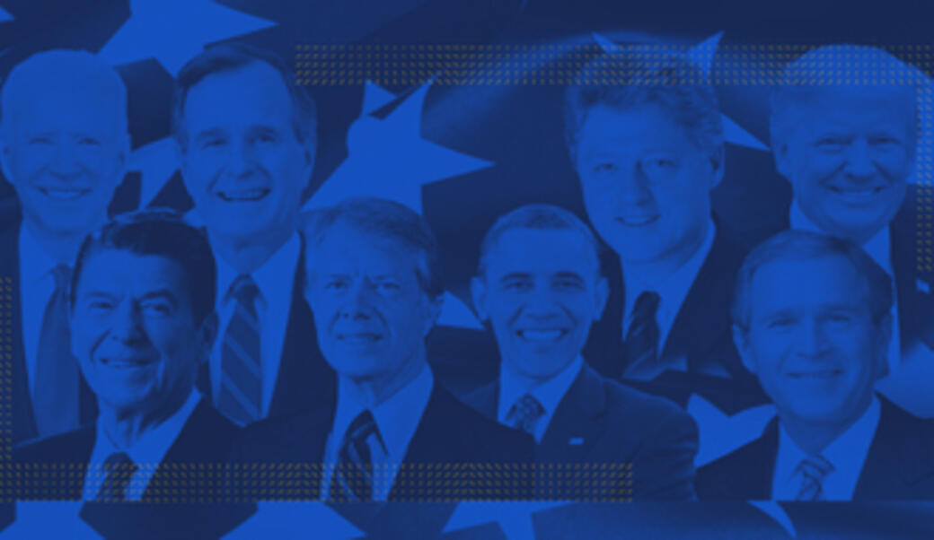 image with blue screen over faces of AMerican presidents from 20th and 21st centuries