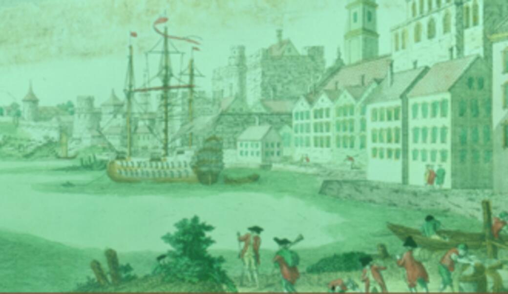 Idealized view of Revolutionary War Boston as a European city by Franz Xaver Habermann, circa 1770s.